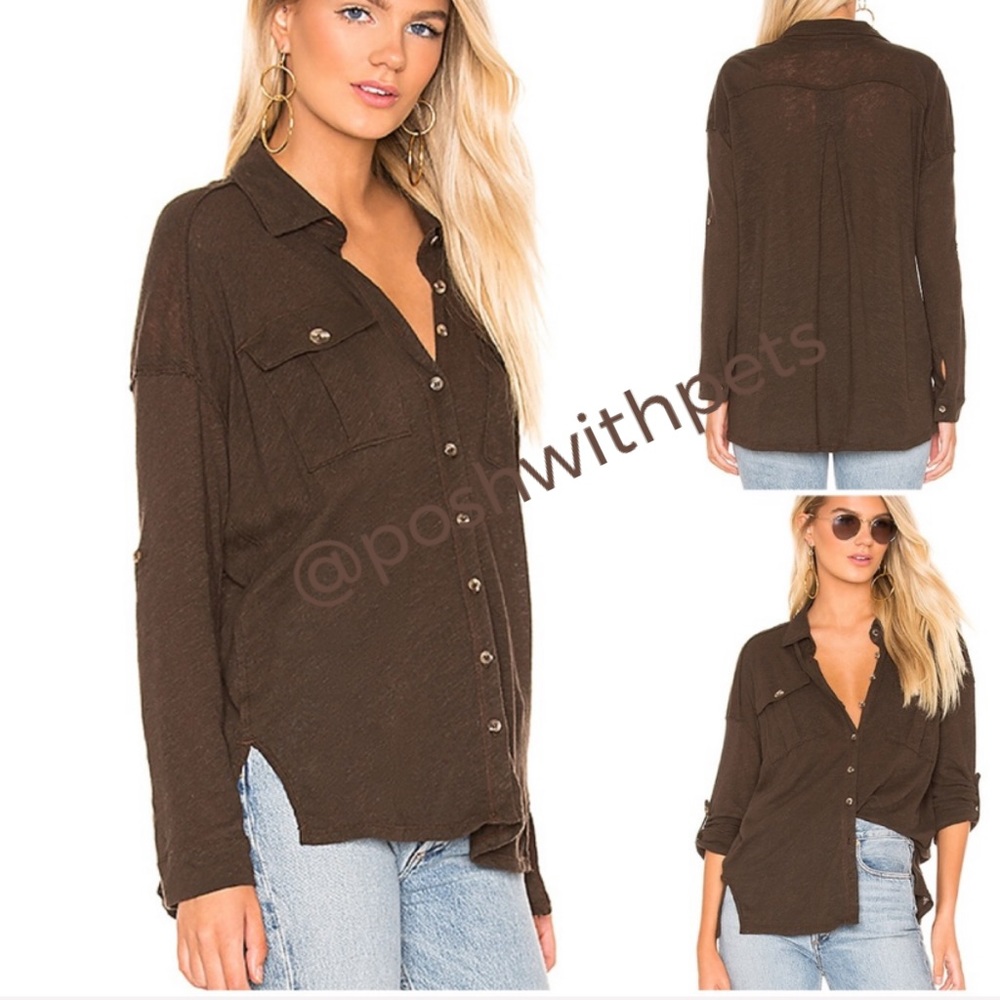 Free People NWT We the Free Penelope Buttondown Raw Trim Pockets Green Brown New